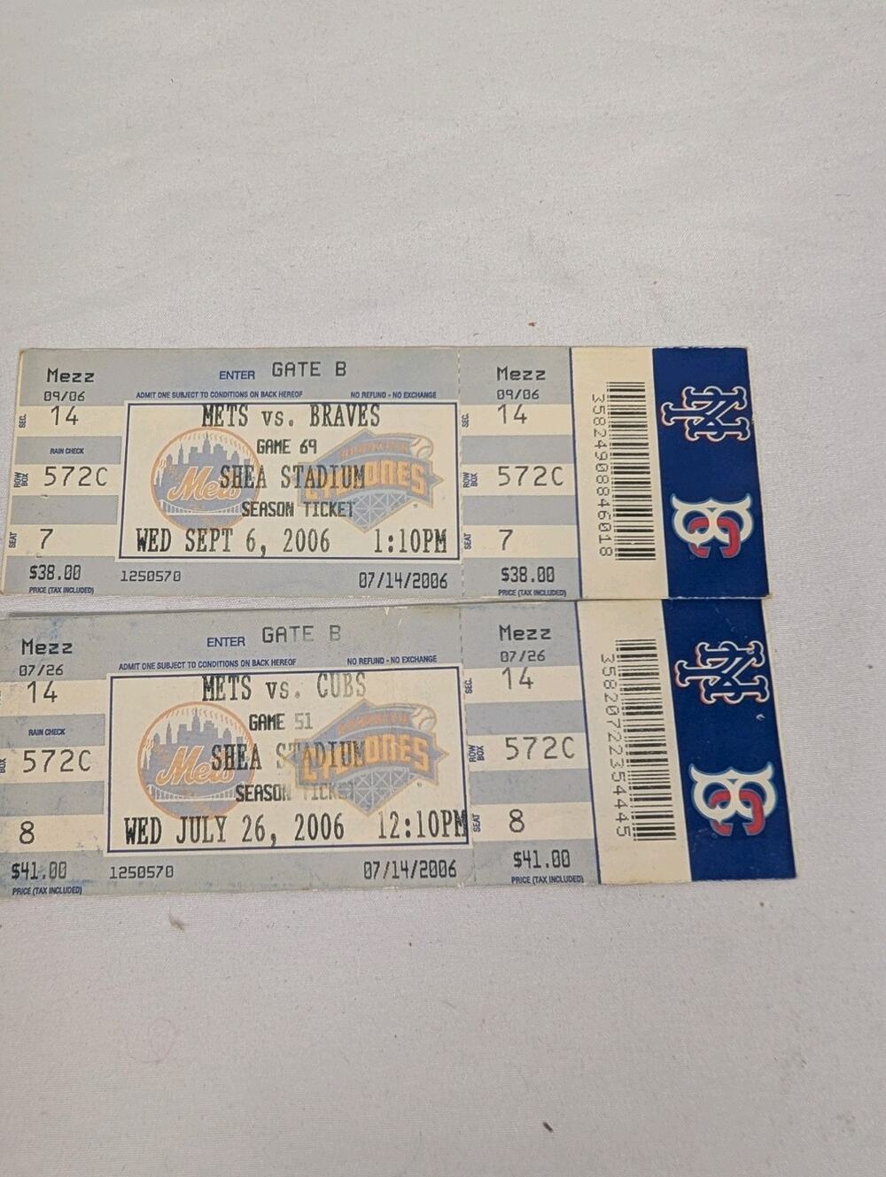 Lot of 2 original 2006 New York Mets Shea Stadium full ticket stubs from the Met